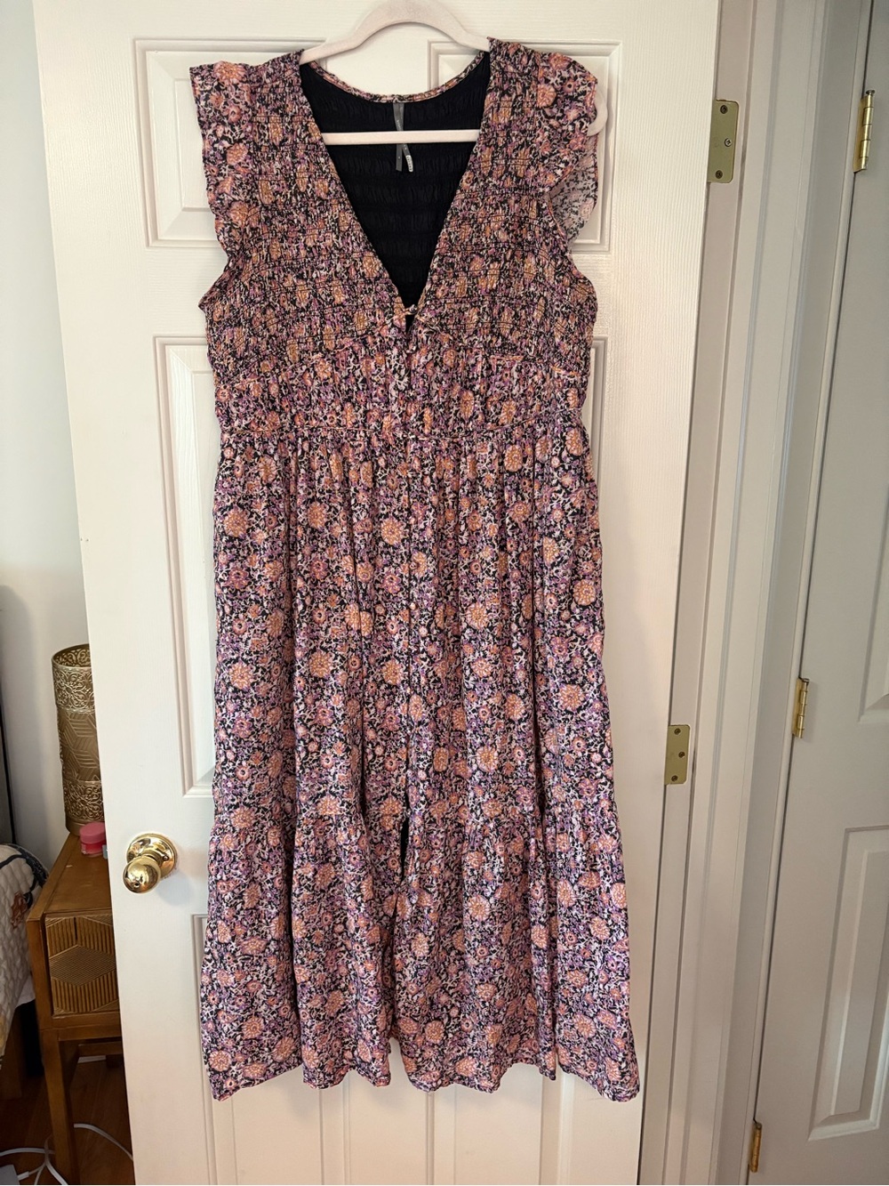 Anthropologie Maeve Peregrine Smocked V-Neck Maxi Dress in Pink& Navy Floral